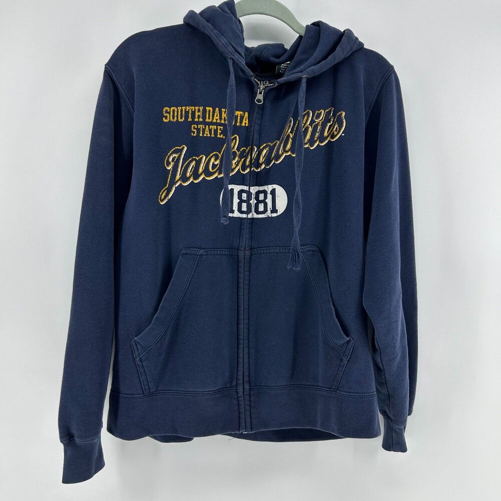 Vintage Y2K Big Cotton Full Zip Hoodie Mens M Navy Blue South Dakota Jackrabbits